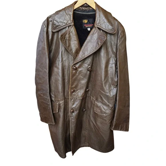 Vtg Richmand Brothers Double Breasted Belted Leather 70's Trench Coat Mens 42 - Picture 4 of 8